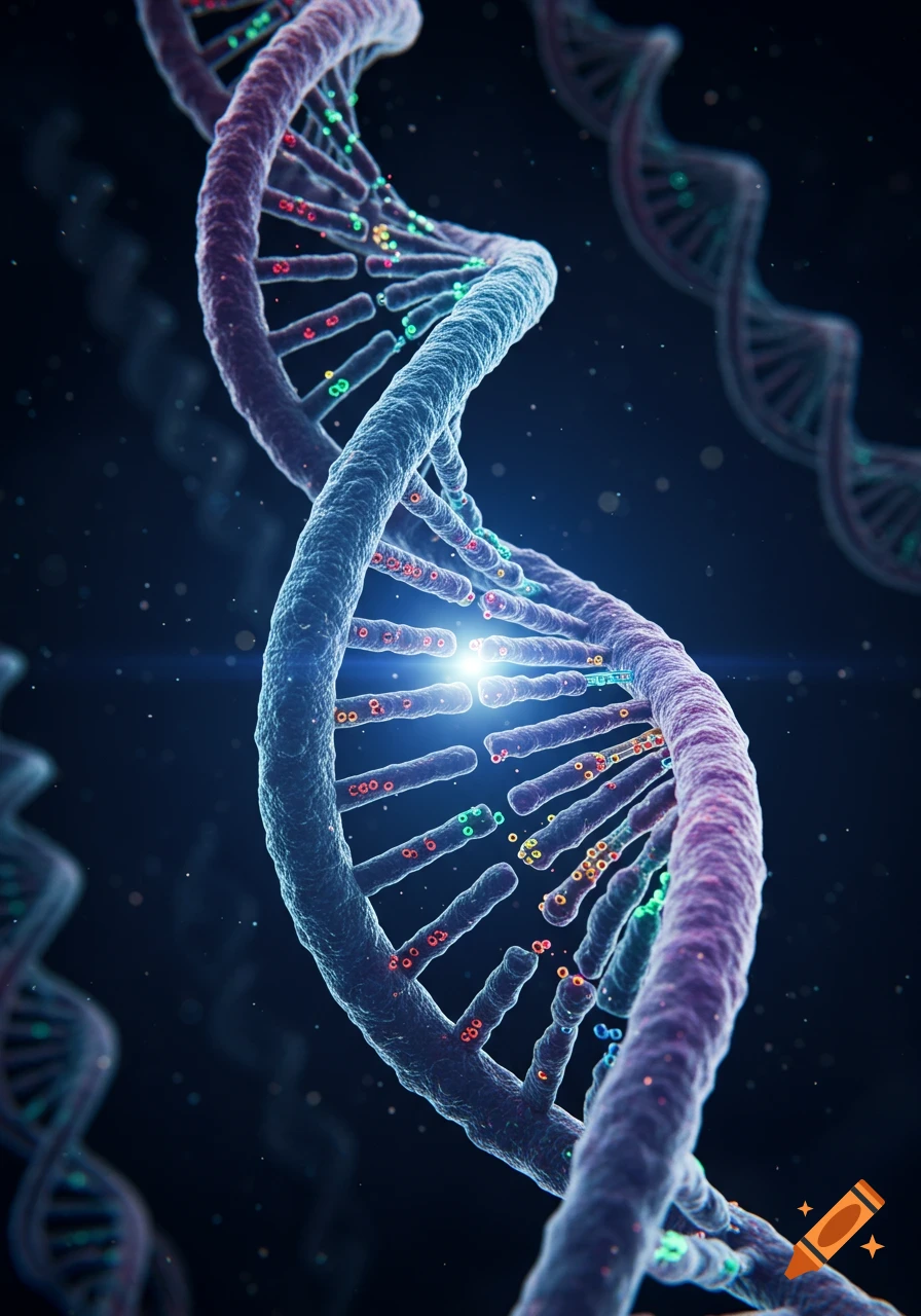 A vibrant 3D rendering of a double helix DNA strand, glowing with light in a dark background.