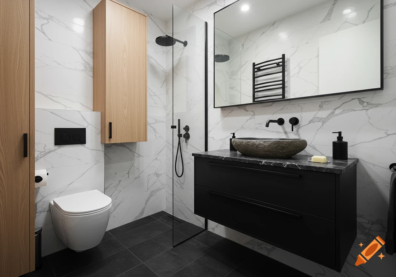 Modern bathroom with white marble walls, dark tiled floor, black vanity with stone basin, toilet, and wooden cabinet.
