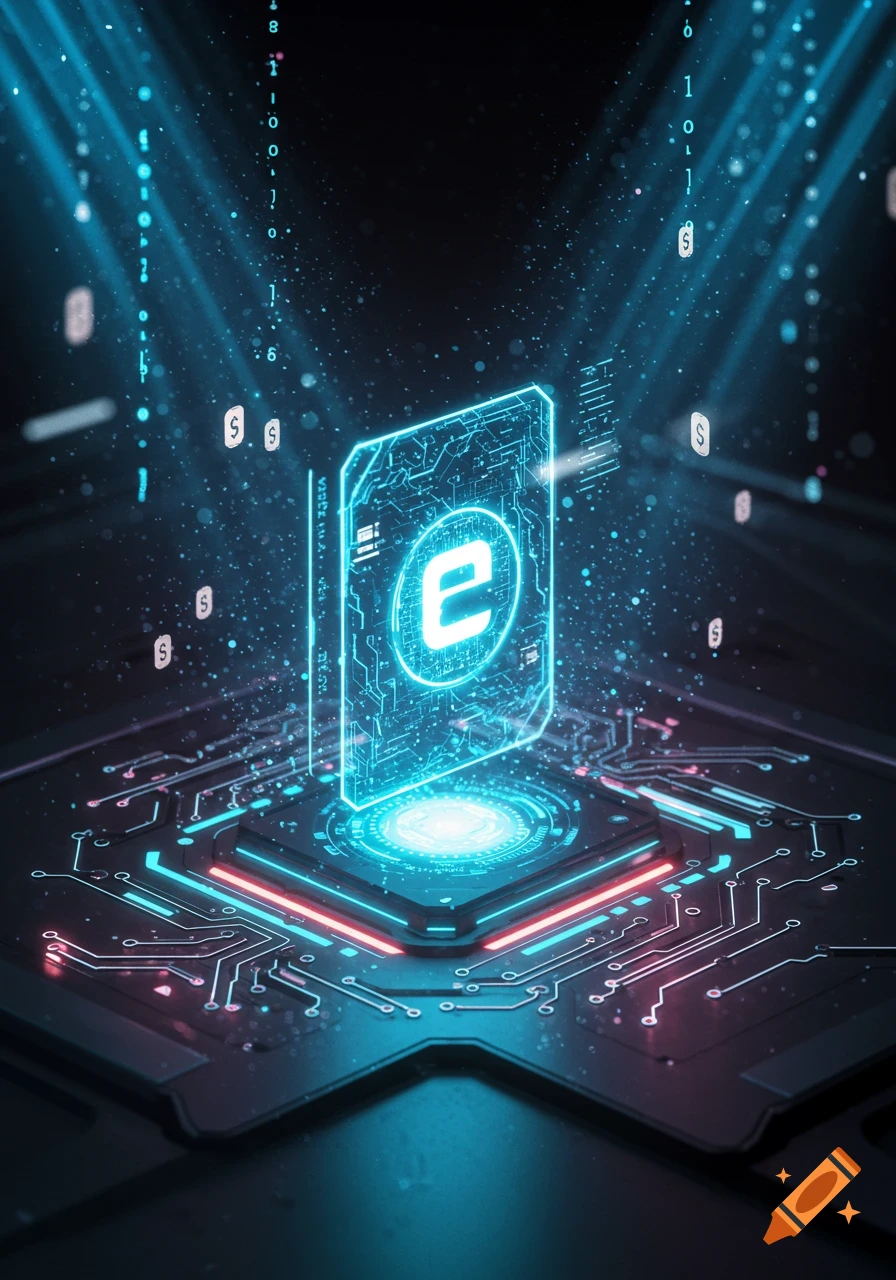 Glowing blue and red circuit board with a central holographic 'e' symbol representing an e-wallet, surrounded by digital binary code and dollar signs floating in a dark, tech-themed setting.