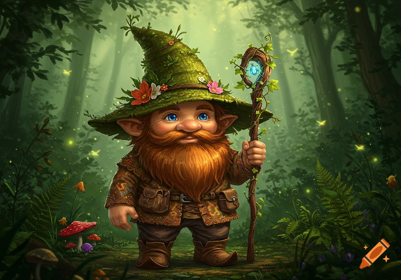 A cheerful fantasy gnome with a long orange beard, green leaf hat, and a glowing magical staff stands in an enchanted forest.