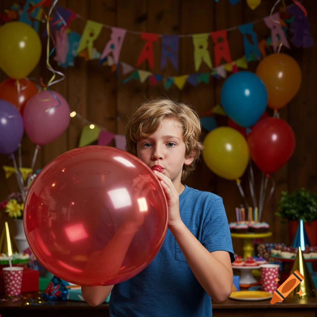 A blond boy with curly hair inflates a large red balloon at a festive birthday party, with colorful decorations and balloons in the background.