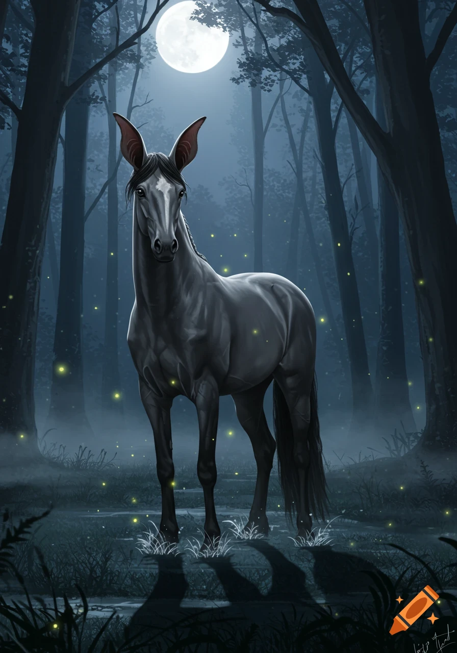 A black horse with large bat ears stands in a misty, dark forest at night under a full moon, with glowing fireflies. Fantasy illustration.