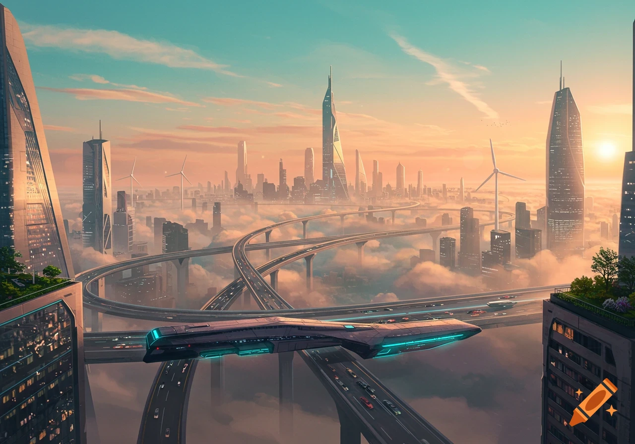 A vibrant futuristic cityscape at sunrise, with towering skyscrapers ...