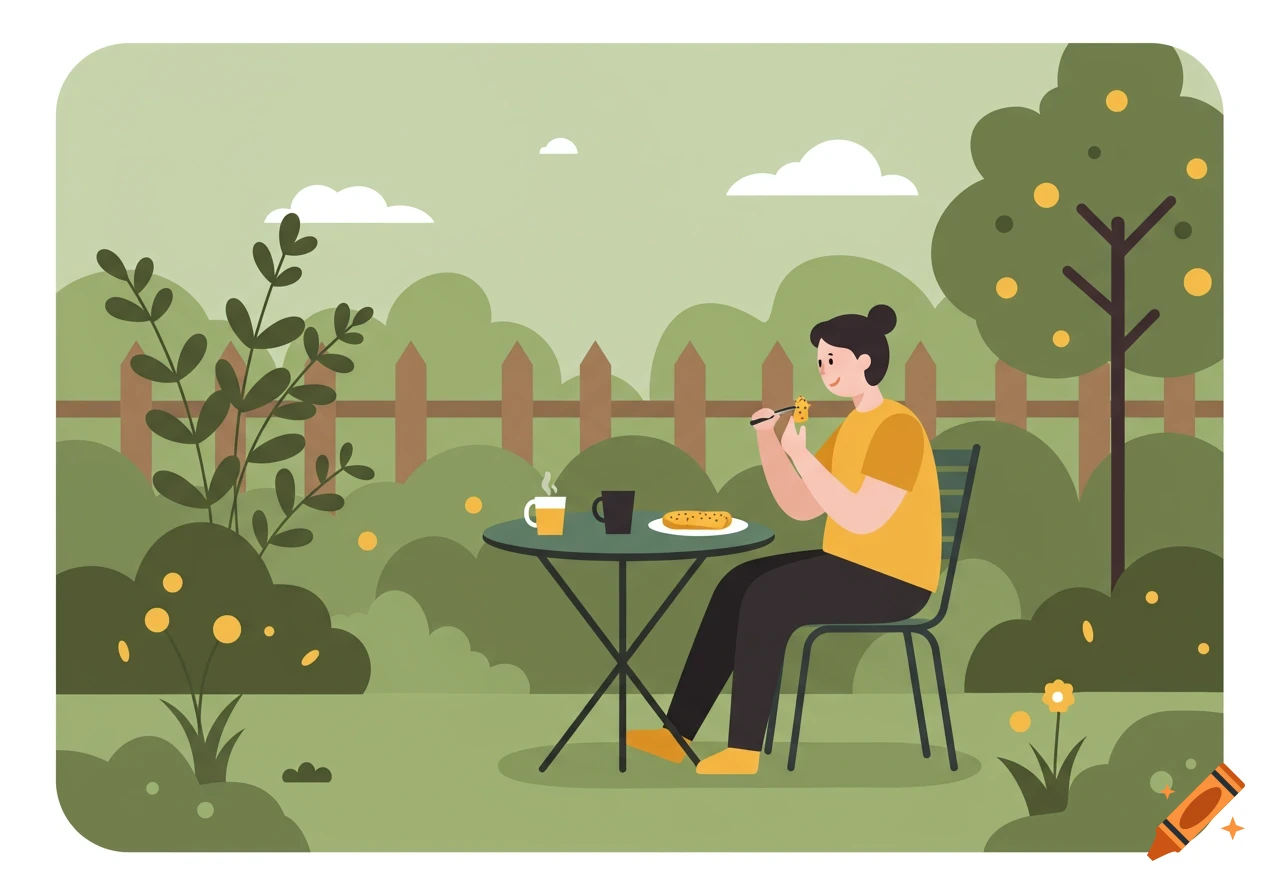Illustration of a person eating at a table in a green garden with a wooden fence and trees.