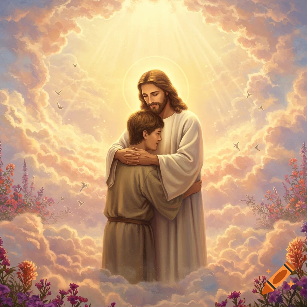 Jesus embraces a young man surrounded by golden clouds, flowers, and radiant light in a spiritual painting.