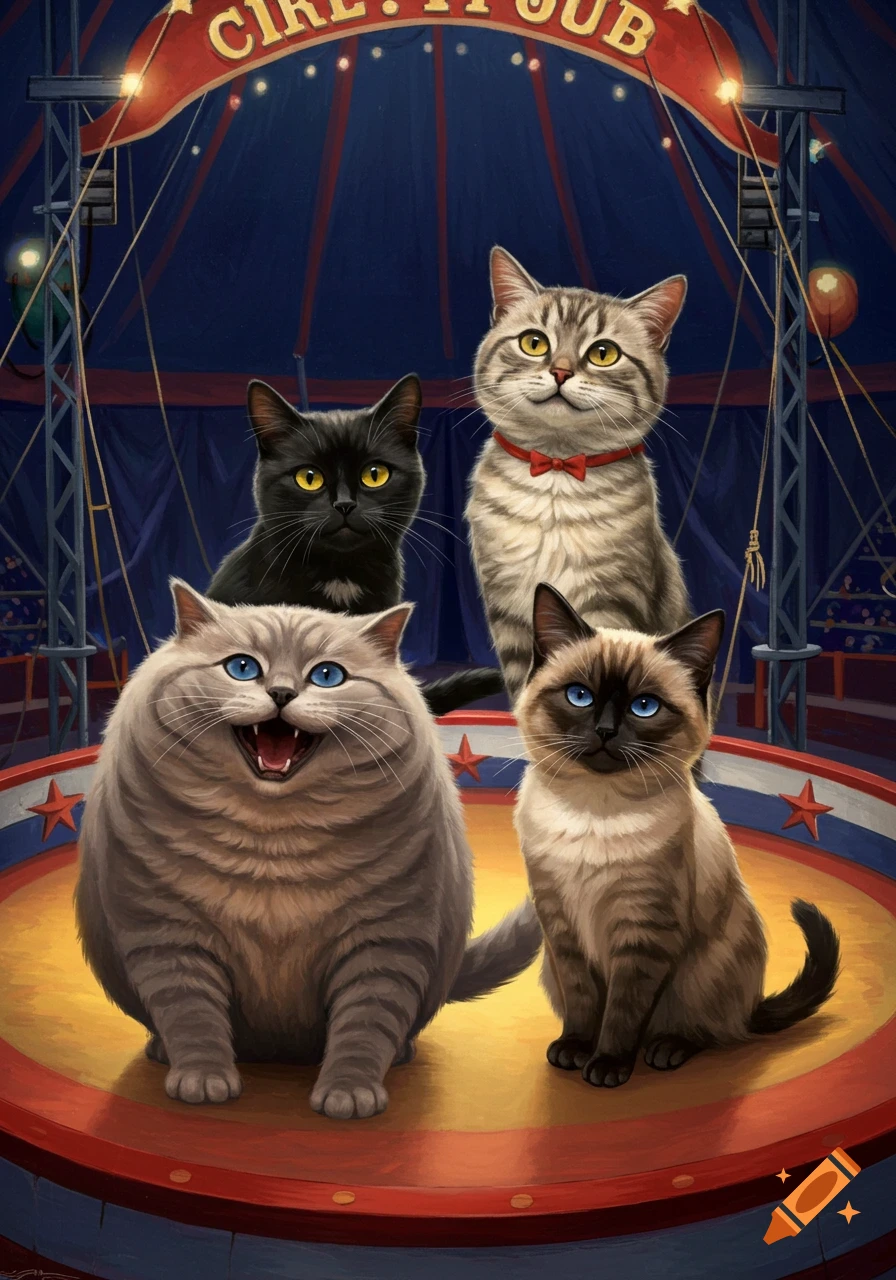 Four stylized cats, a tubby grey, black, tabby, and Siamese, pose on a red and gold circus ring under a big top tent.
