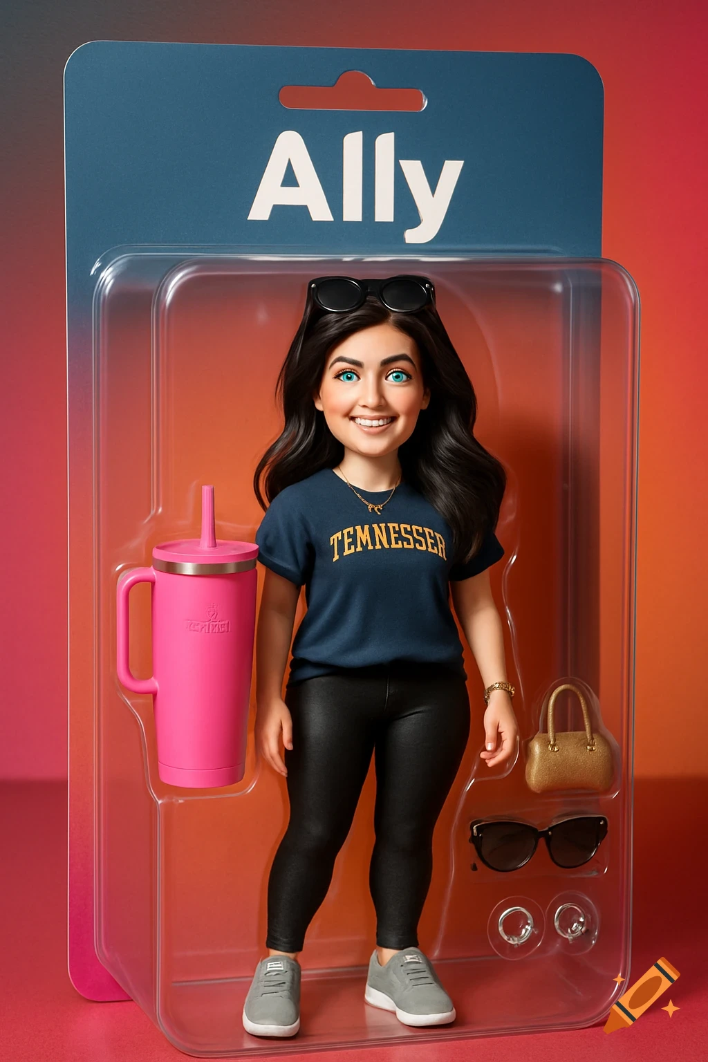 A 3D render of an 'Ally' action figure doll in blister packaging, wearing a blue shirt, black leggings, and grey shoes, with accessories.