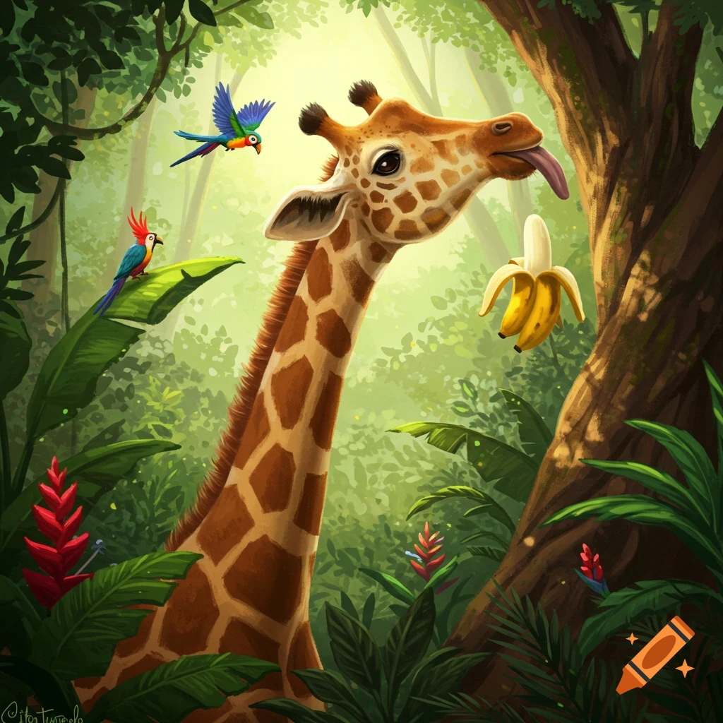 A cartoon giraffe with its tongue out reaches for a banana in a vibrant jungle setting with two colorful parrots.