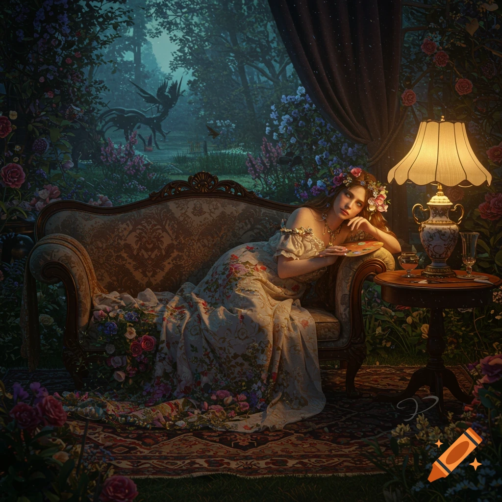 A woman in a floral dress reclines on an ornate sofa in an overgrown, magical forest setting with mythical creatures and a glowing lamp.