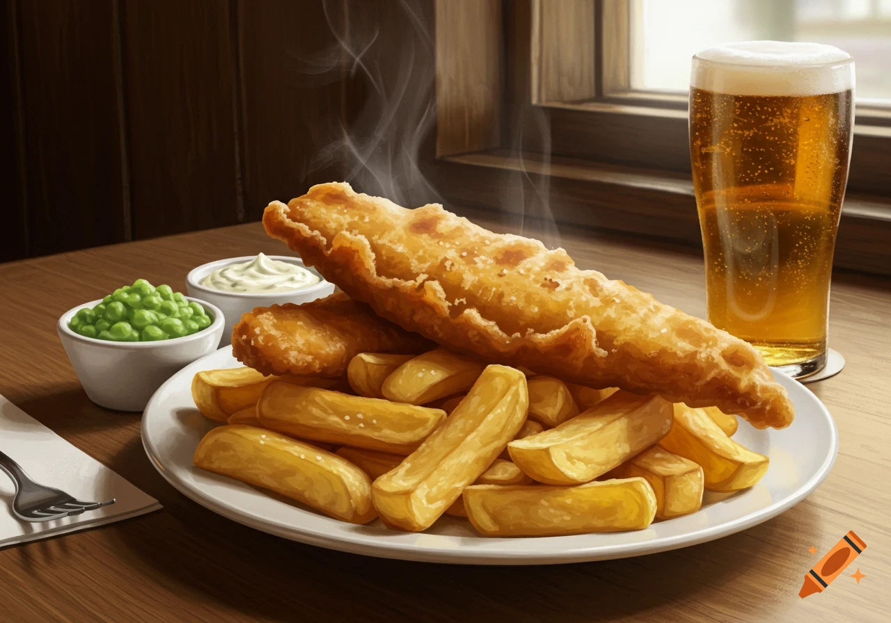 A steaming plate of golden fish and chips with mushy peas, tartar sauce, and a pint of beer on a wooden table.