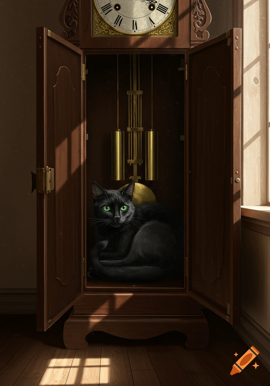 A black cat with luminous green eyes sits inside the open wooden door of a grandfather clock, illuminated by sunlight.