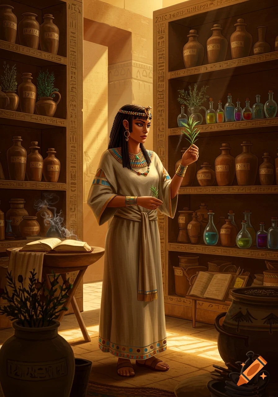 An ancient Egyptian herbalist holds a green sprig in a sunlit apothecary with shelves of ornate pots, colorful bottles, and open books.