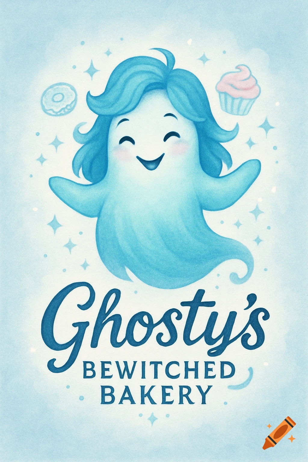 Watercolor logo of a smiling blue ghost, a donut, and a cupcake, with text 'Ghosty's BEWITCHED BAKERY'.
