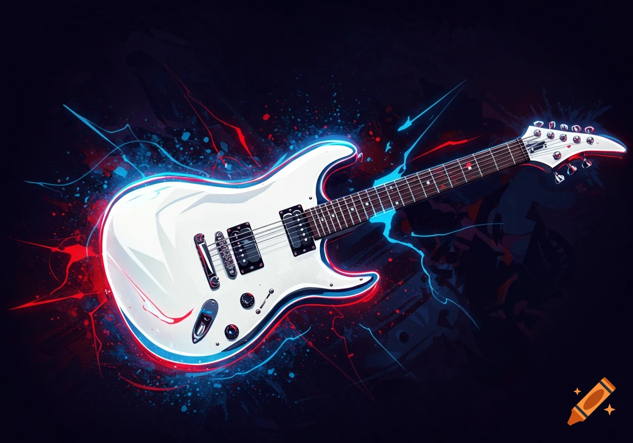 A vibrant, cell-shaded white electric guitar with neon red and blue outlines and splatter effects on a dark background.