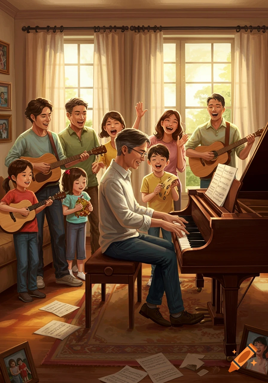 An illustration of an Asian family joyfully playing music together in a sunlit living room, with a man playing piano while others play guitars and tambourines.