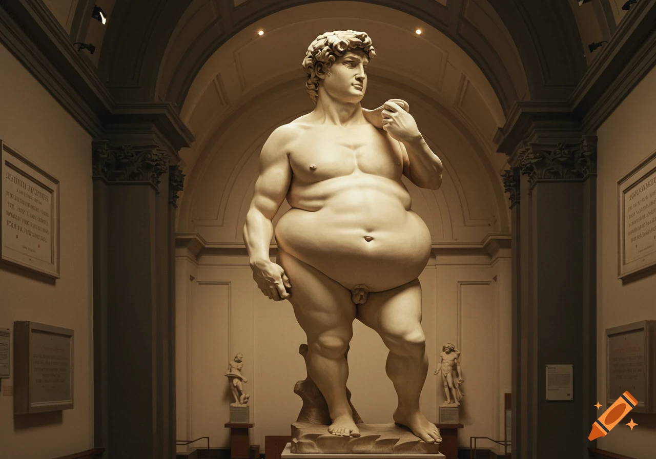 A marble statue of an obese Michelangelo's David stands in a museum gallery.