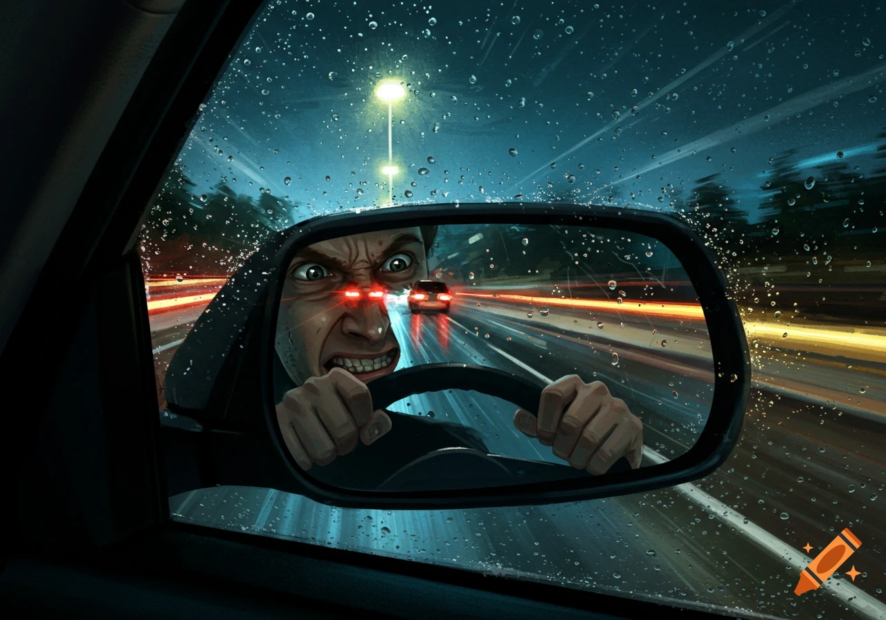 Dramatic illustration of a red-eyed, angry driver tailgating, reflected in a car's rearview mirror on a rainy night.