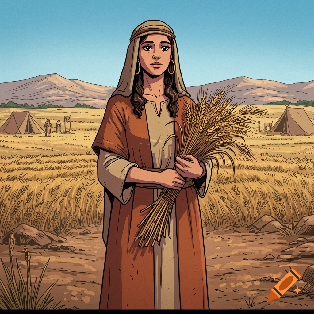 A woman in ancient attire stands in a wheat field, holding a bundle of wheat, with tents and mountains in the background, in a comic book style.