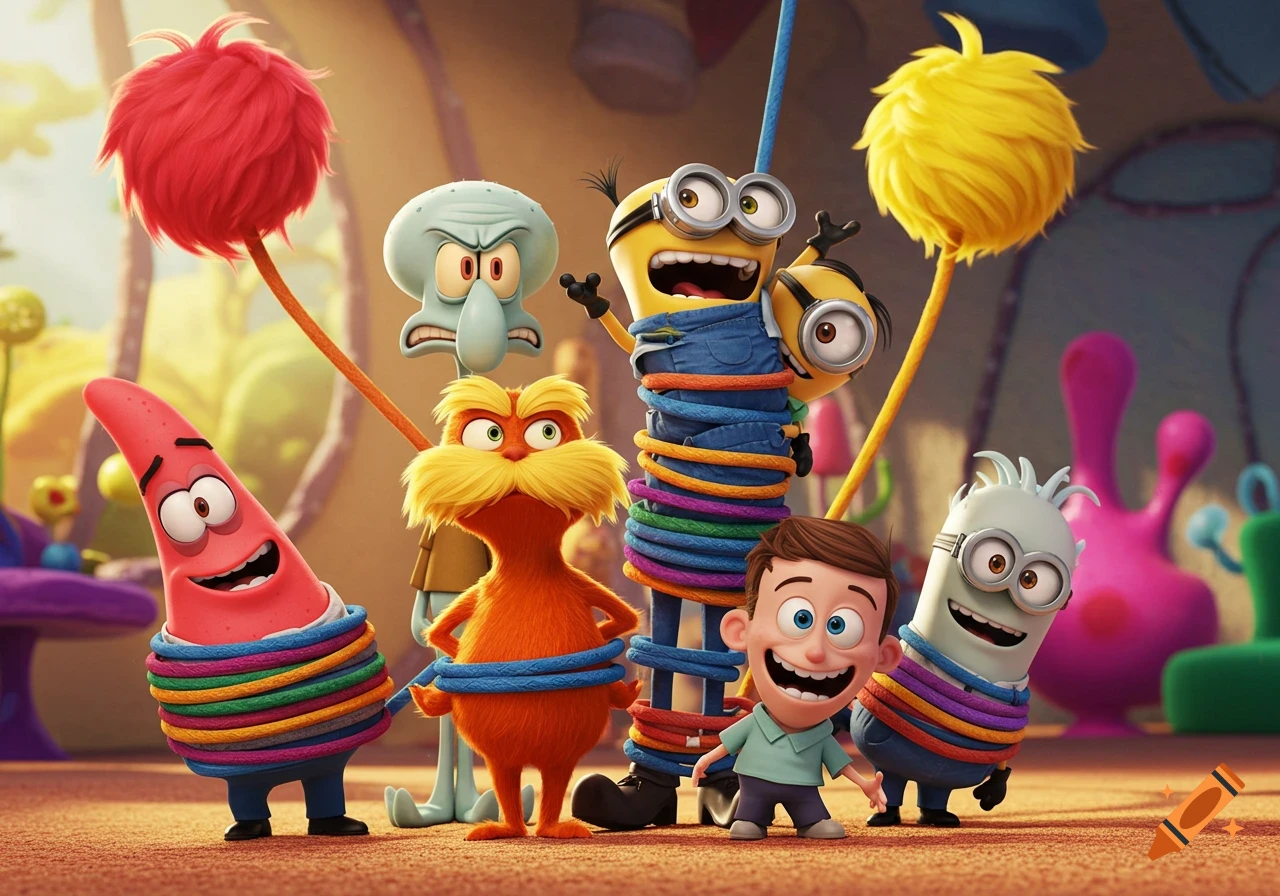 A group of animated characters, including Patrick Star, Squidward, The Lorax, Minions, and a boy, tied with colorful ropes in a whimsical setting.