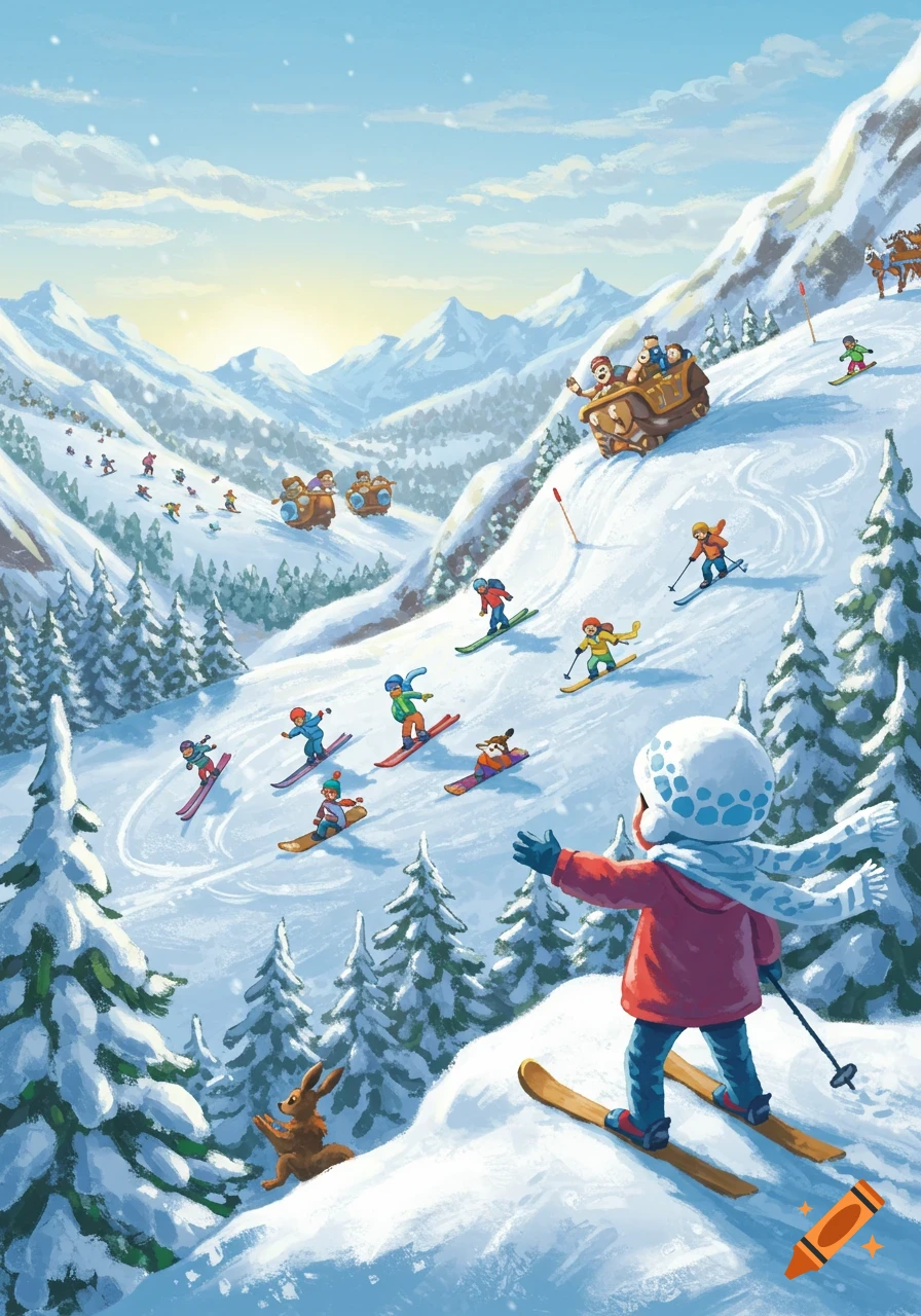 A vibrant illustration of children skiing and sledding down a snowy mountain amidst pine trees, with a rabbit watching.