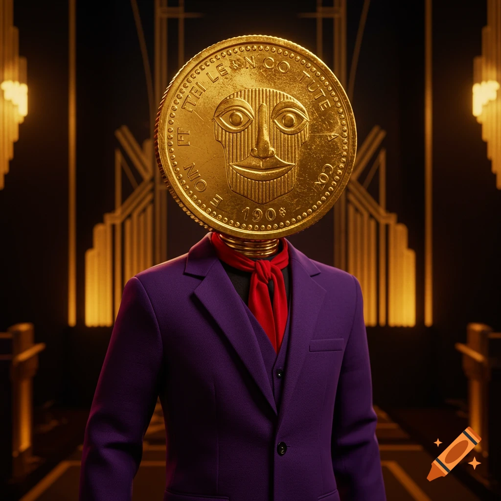 A stylized character with a large golden coin for a head, wearing a purple suit and red scarf, standing in a dark Art Deco setting.