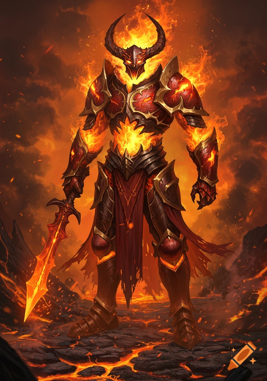 A majestically armored fire elemental with horns, glowing eyes, and a fiery sword stands on a lava landscape.