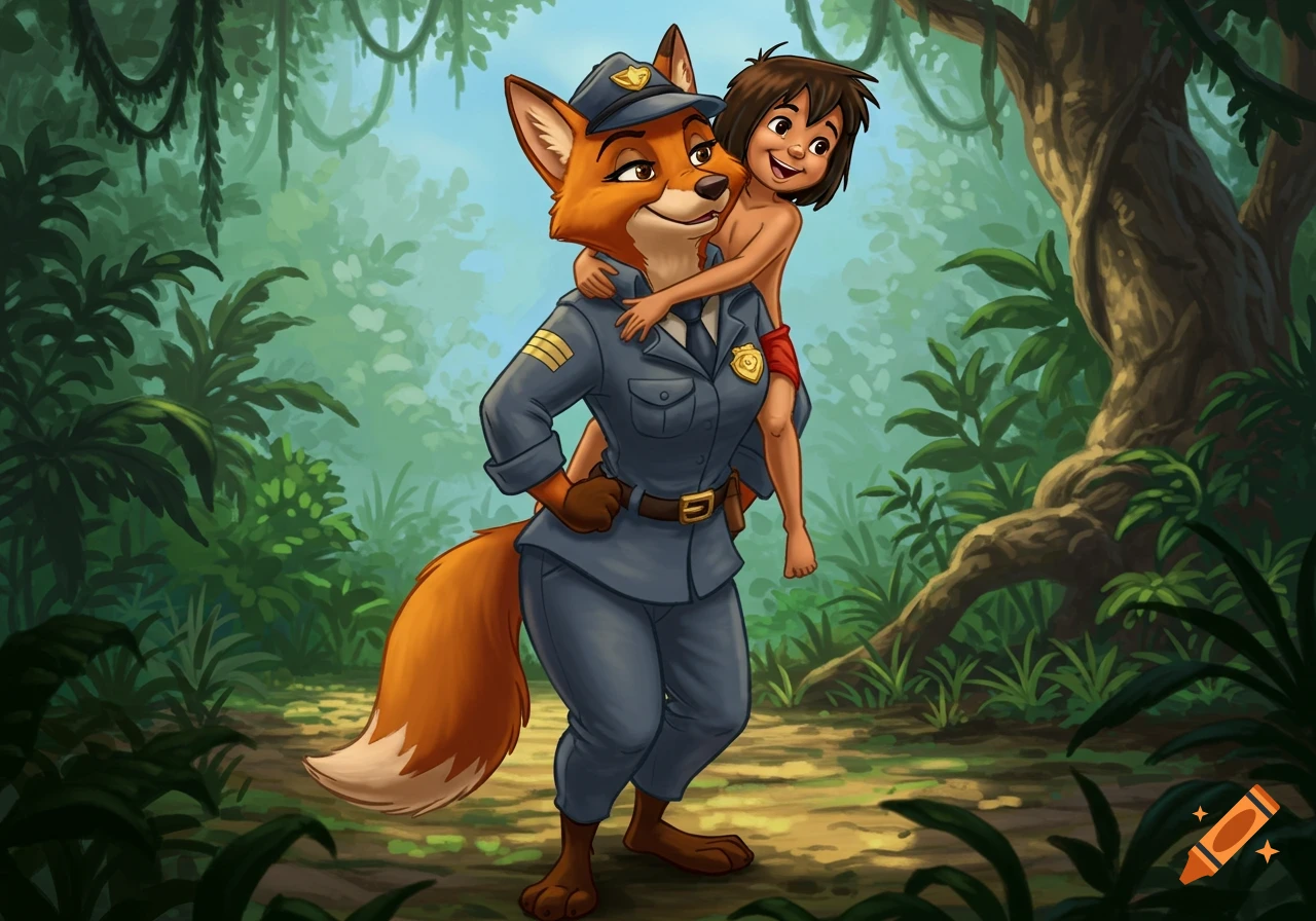 Cartoon illustration of Inspector Carmelita Fox giving Mowgli a piggyback ride through a lush green jungle.