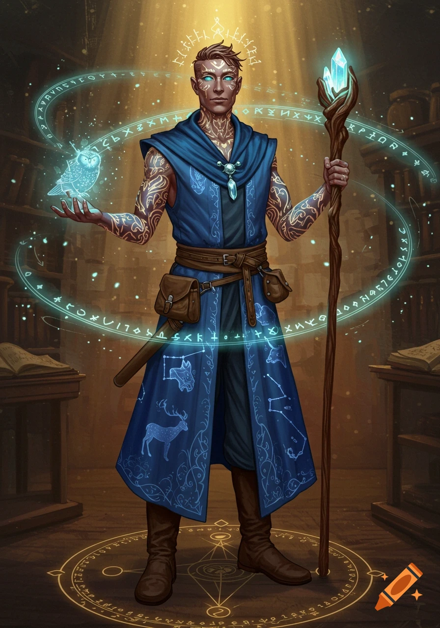 A male diviner wizard with glowing runes on his skin and robe, holding a crystal staff and a magical owl, in a library.