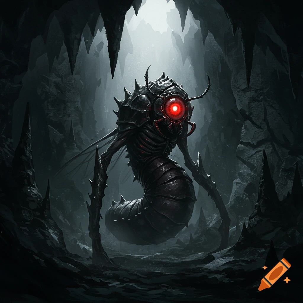 A menacing insectoid creature with a glowing red cyclopic eye stands in a dark, stalactite-filled cave.