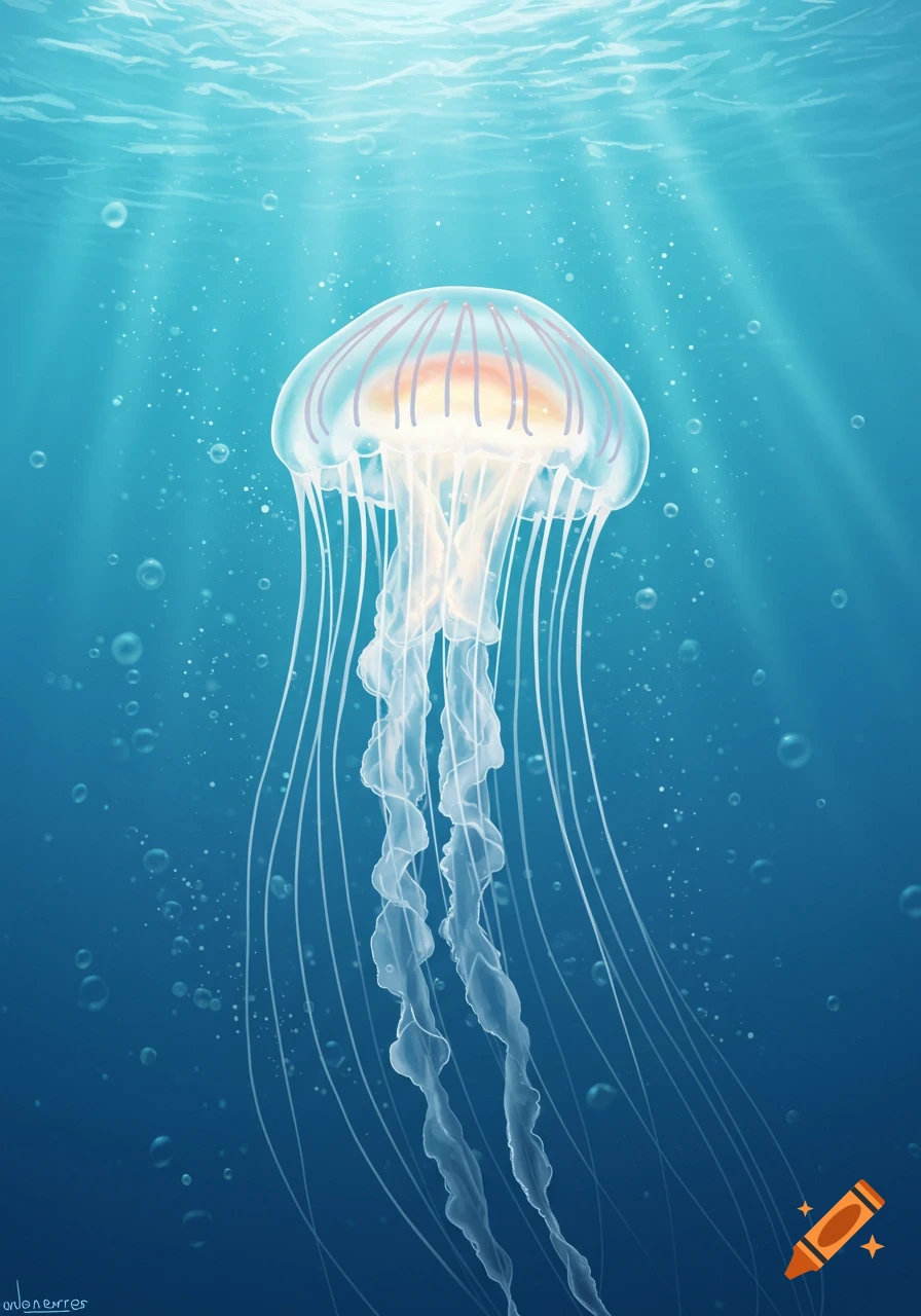 A translucent jellyfish with a glowing bell and long, flowing tentacles floats in a deep blue ocean with sun rays and bubbles.