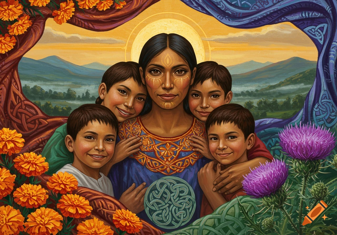 Vibrant art: a Latina mother and three children within a frame of marigolds, thistles, Celtic knots, and a misty landscape.