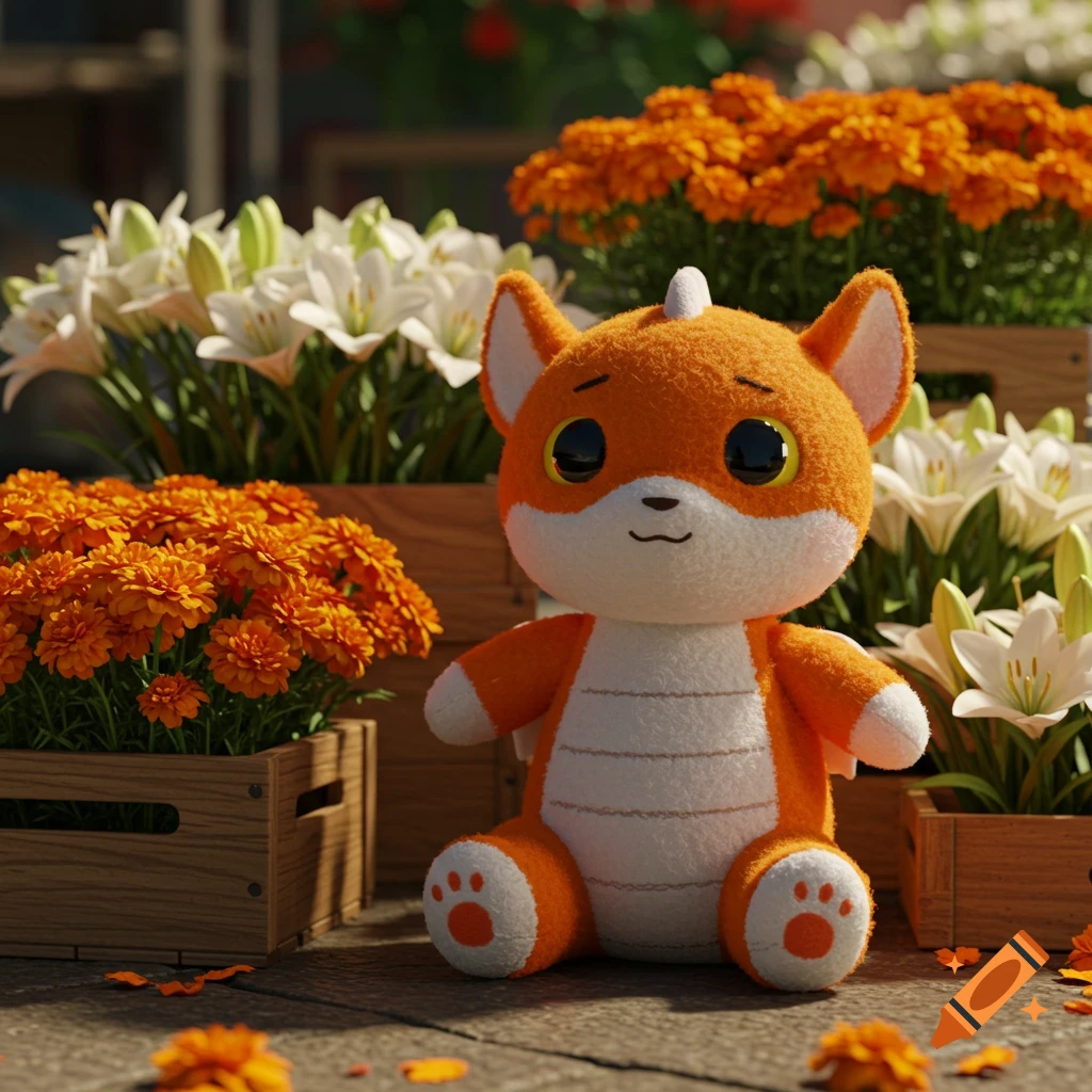 Orange and white plush dragon toy sits by crates of orange marigolds and white lilies at a market stall, cinematic cartoon art style.