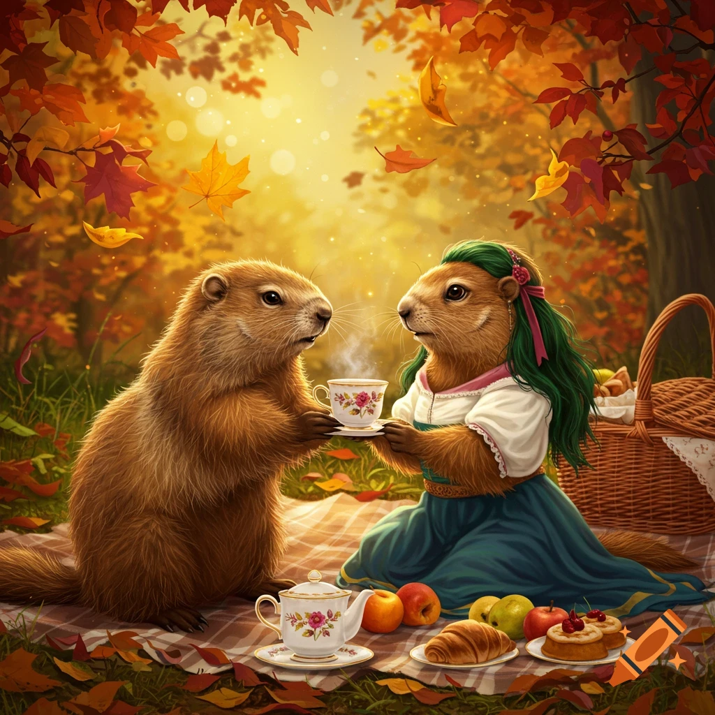 Two groundhogs have an autumn tea party. One, wearing a dress, offers a teacup to the other on a picnic blanket in a sunlit forest.
