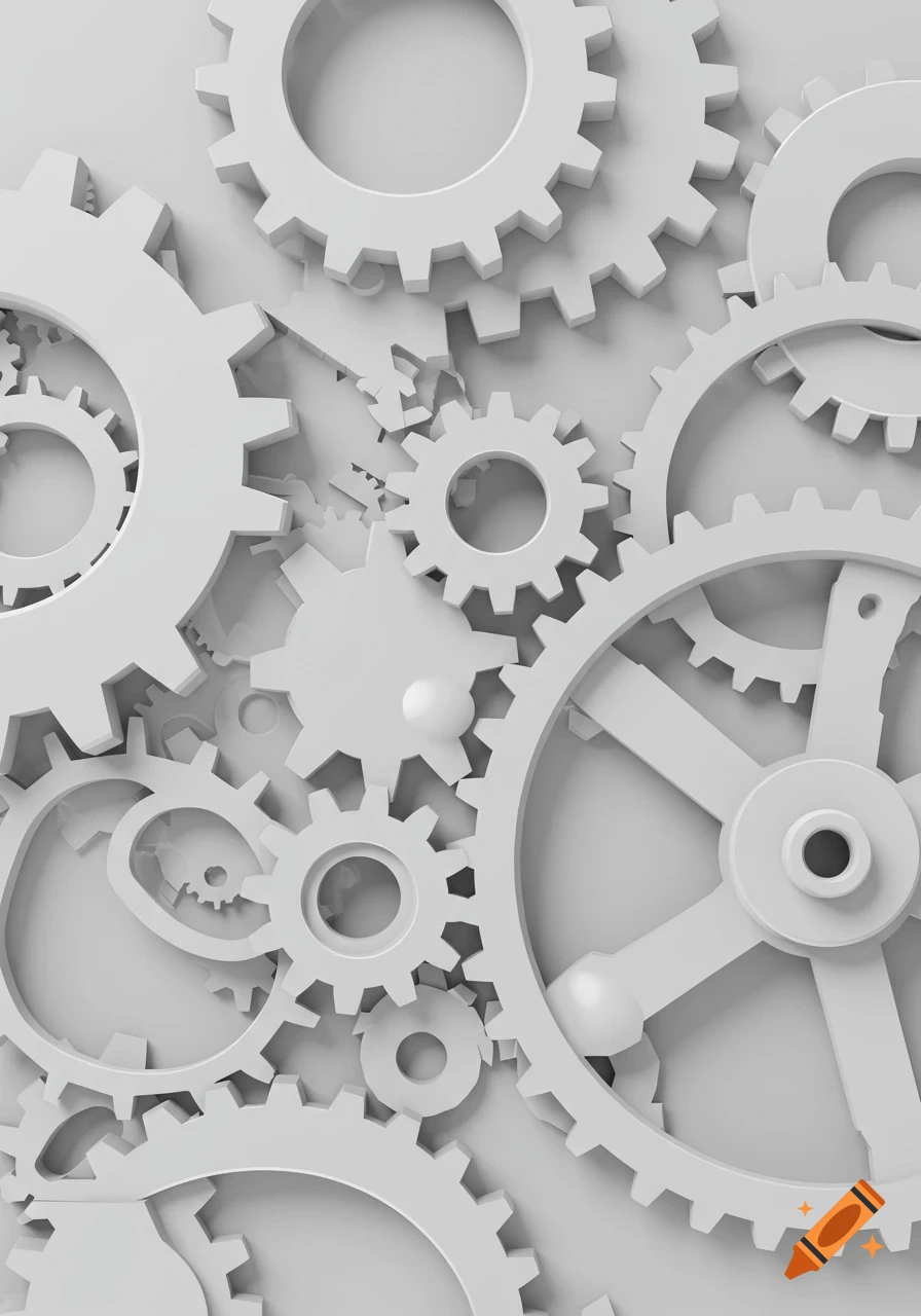 Abstract composition of interlocking white gears and cogs against a light gray background, casting subtle shadows.