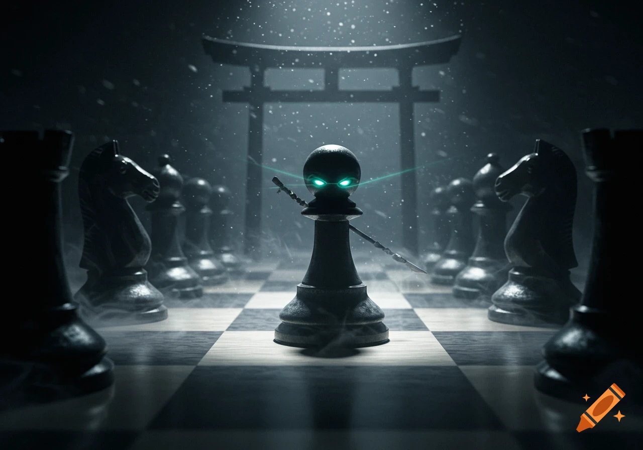 A dark, atmospheric fantasy image of a chess pawn with glowing green ninja eyes and a spear, standing on a chessboard with a torii gate in the background.