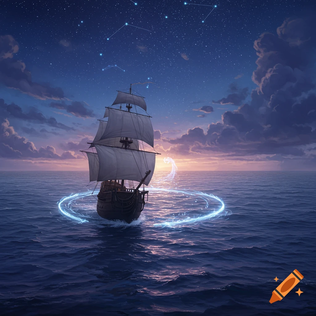 A sailing ship glides through a calm sea at twilight, encircled by glowing blue magic, under a starry sky with glowing constellations.