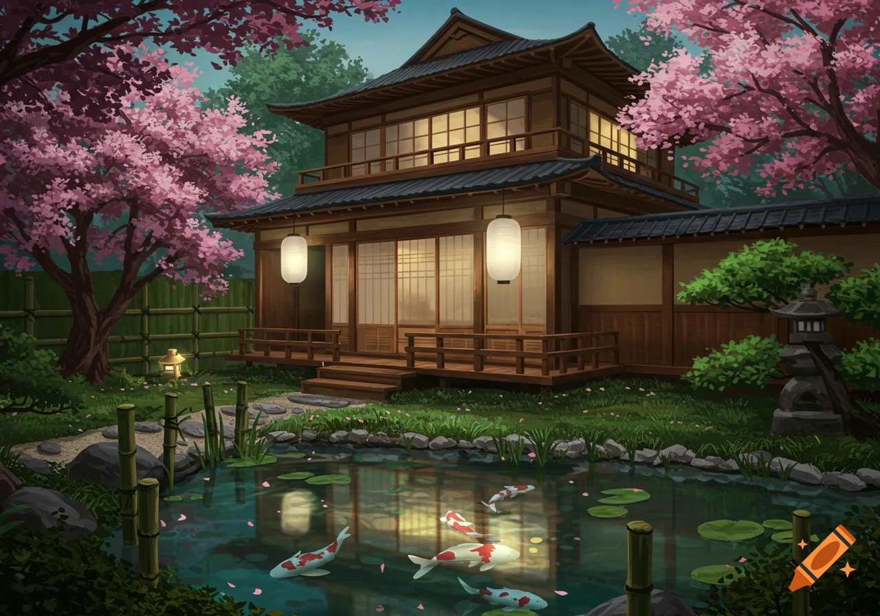 Illustrated traditional Japanese house with lanterns, surrounded by a garden with pink cherry blossoms and a koi pond.
