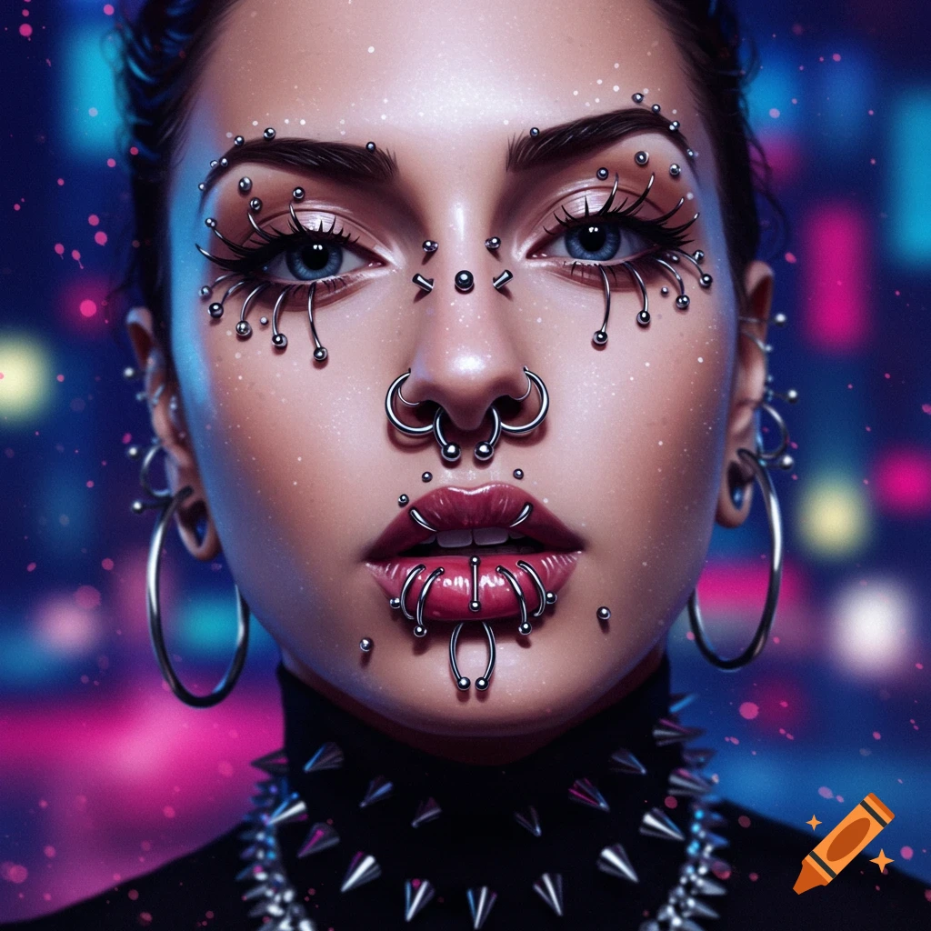 Close-up portrait of a woman with numerous facial piercings, including nose and lip piercings, wearing a spiked collar against a neon background.