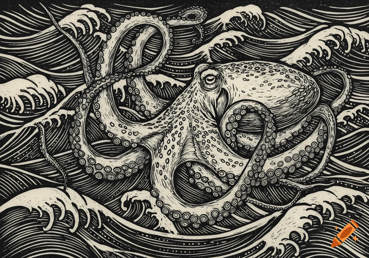 A monochrome woodblock print of a large octopus with tentacles intertwined in stylized ocean waves.