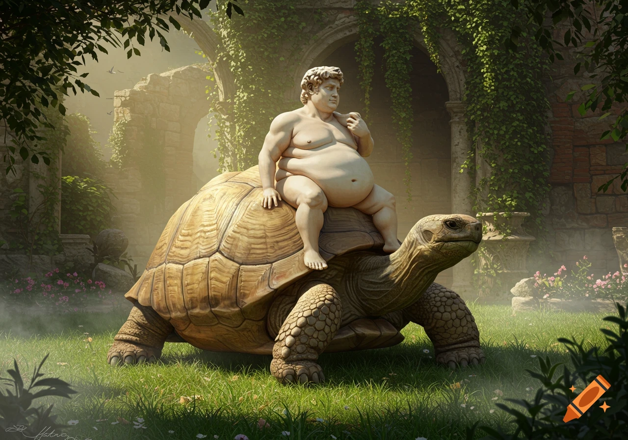 An obese, nude male statue resembling David sits on a giant tortoise in ancient ruins overgrown with foliage.