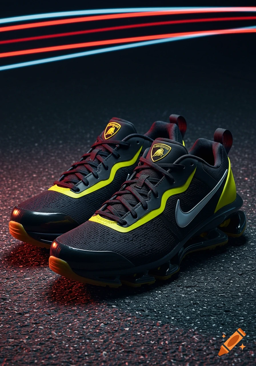 Black and neon yellow sneakers with Nike swooshes and Lamborghini logos, illuminated by red and blue light trails on a dark, textured surface.