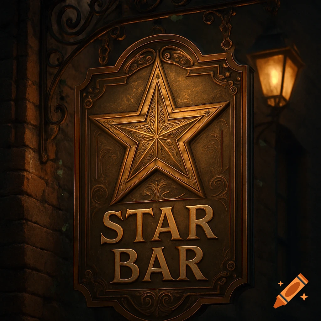 An ornate bronze pub sign with a large star and the words "STAR BAR" hanging on a brick wall, lit by a warm lantern.