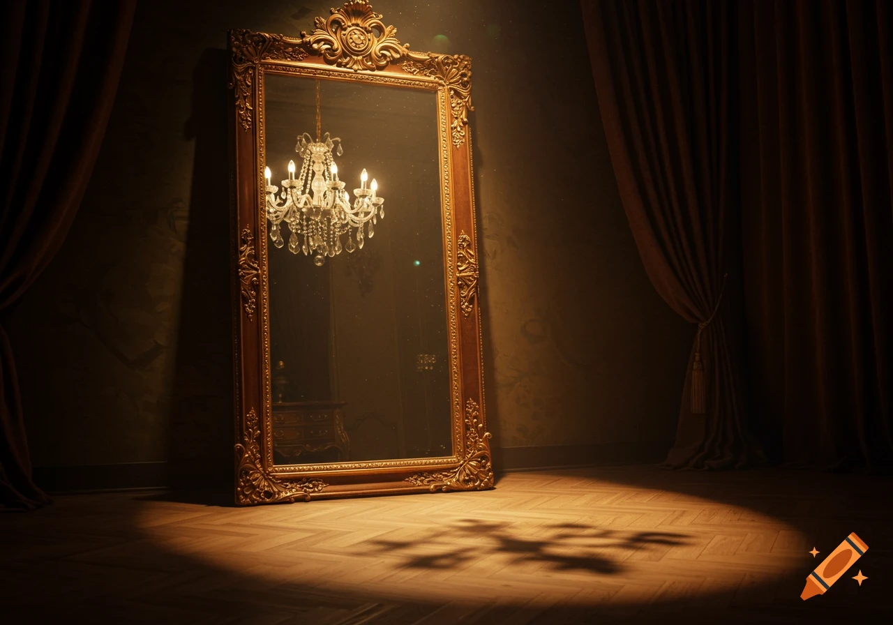 Ornate gold-framed mirror reflecting a crystal chandelier in a dimly lit room with a spotlight.