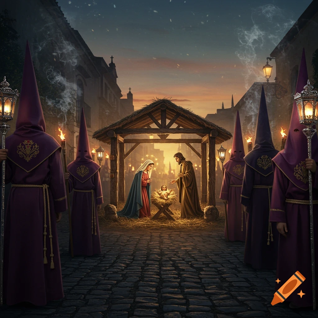 A Nativity scene with Mary, Joseph, and baby Jesus, observed by robed figures in conical hoods holding torches on a cobblestone street at dusk.