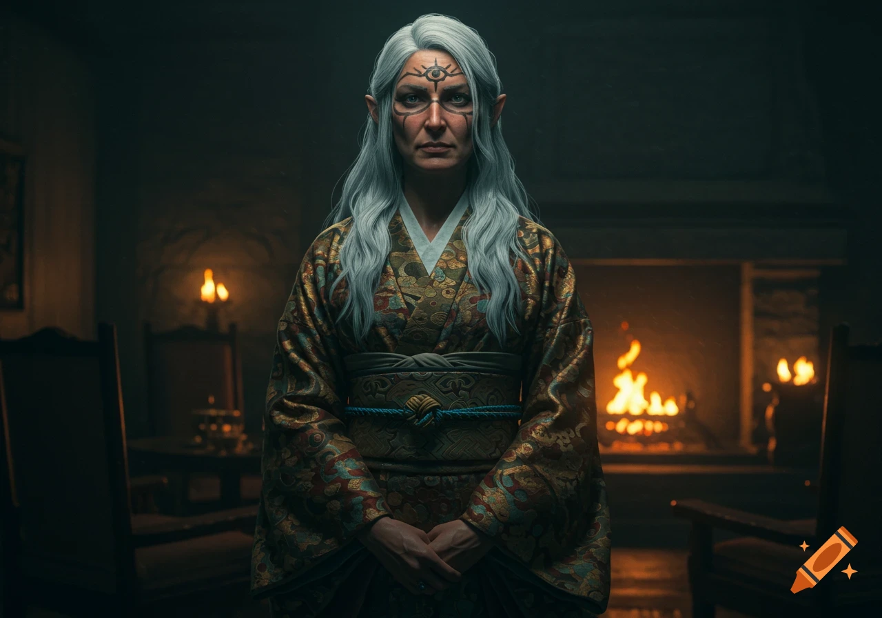 A serious woman with long white hair, pointed ears, and face markings wears an ornate golden kimono in a dark room with a fireplace.
