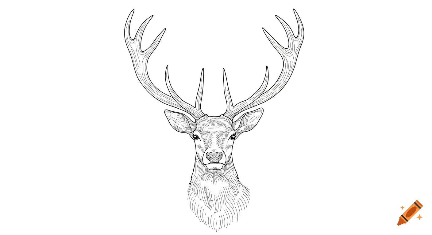 Line drawing of a reindeer face with large, long antlers.