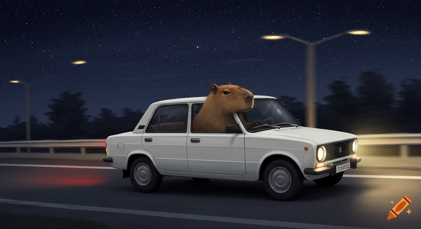 A capybara drives a white car on a highway at night, its head out the ...