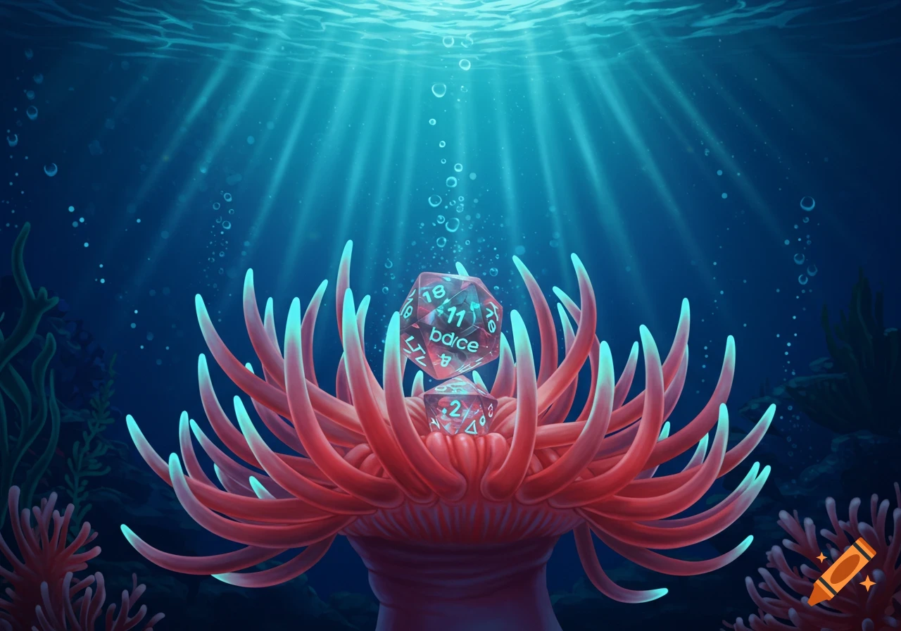 An enchanting underwater scene with two glowing d20 dice resting on a vibrant red anemone, illuminated by sunbeams from above.