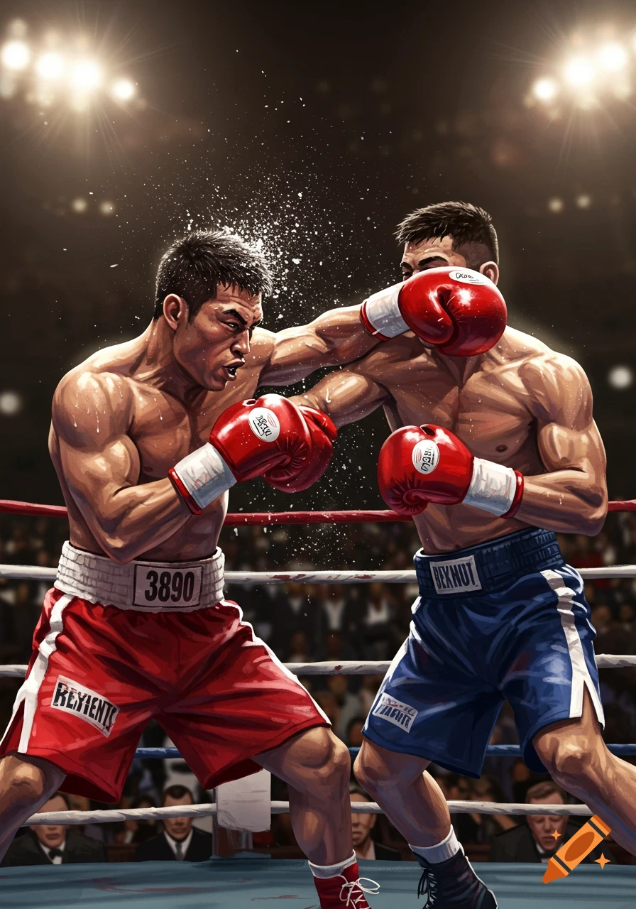 Two muscular boxers, one in red shorts and one in blue, in an intense boxing match in a brightly lit arena, with sweat flying from a punch.