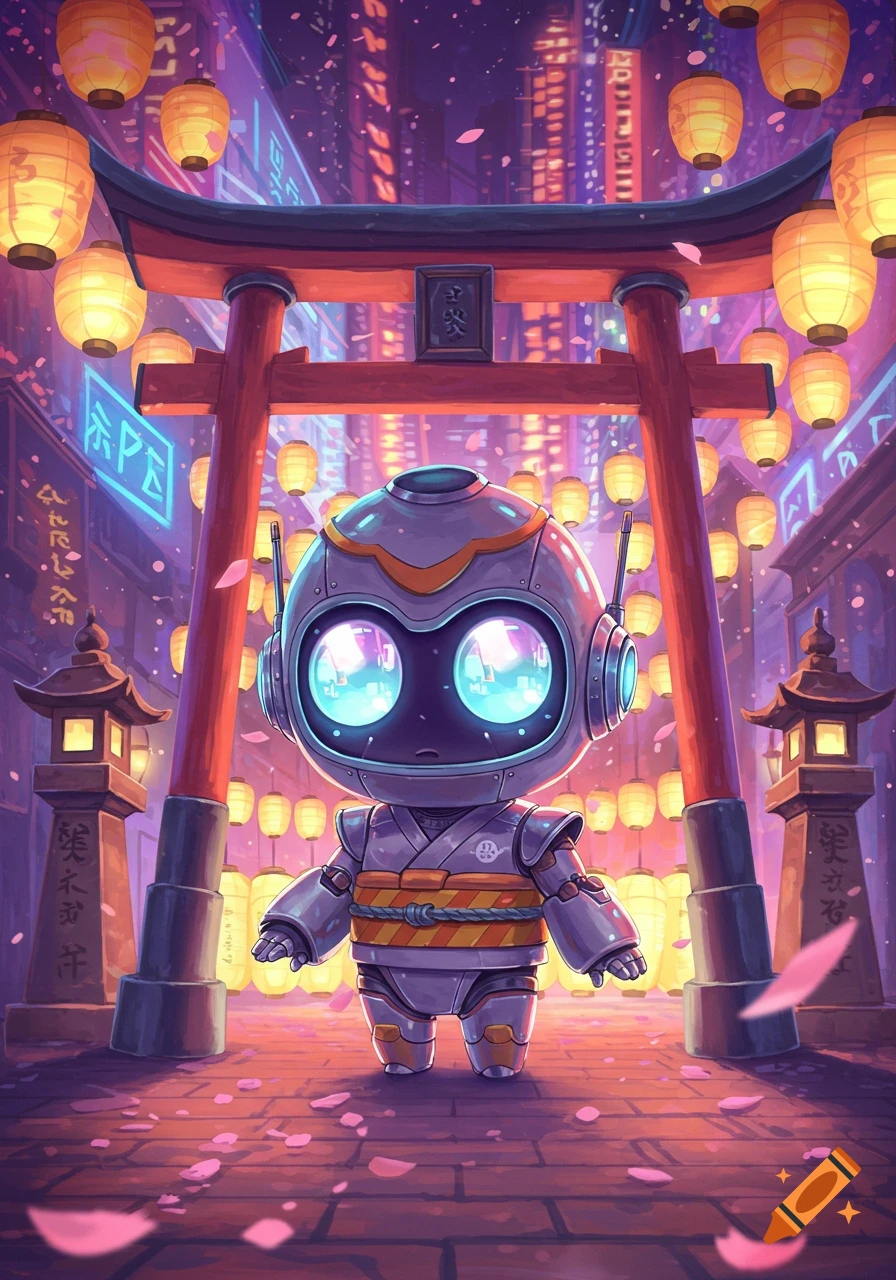 A cute chibi robot wearing a kimono stands under a torii gate in a neon-lit Japanese cyberpunk city street with lanterns, in anime style.